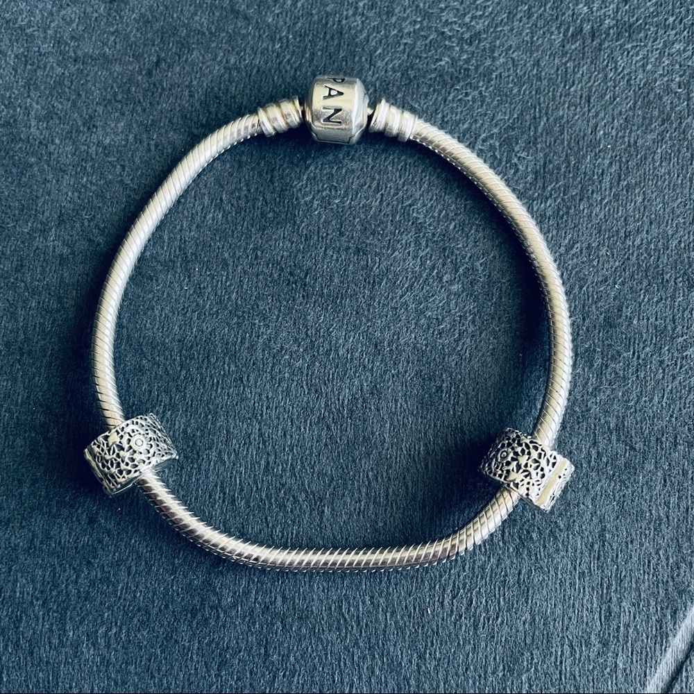 Authentic Pandora Snake Chain Bracelet With 2 Layers of Lace Clip Charm Stoppers